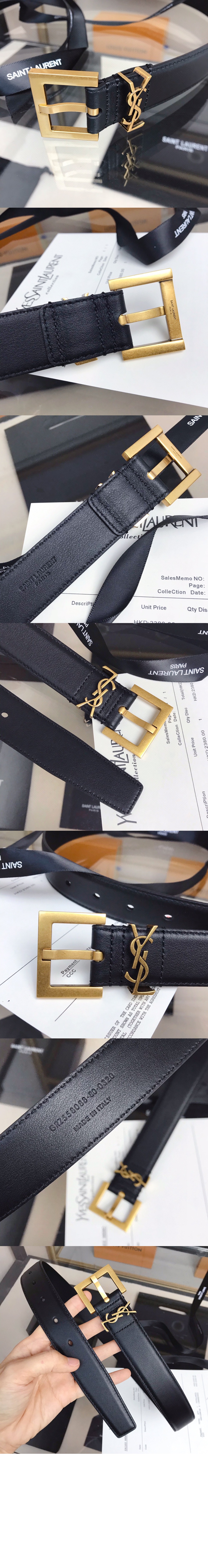 부드러운 가죽 소재의 스퀘어 버클 모노그램 벨트 634437 > 생로랑