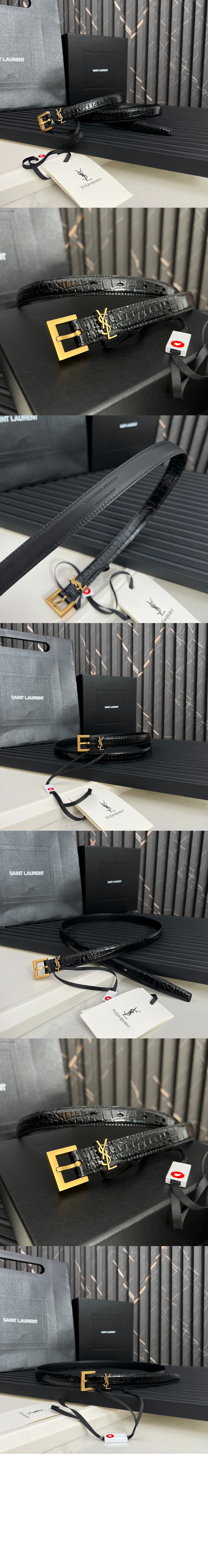 스퀘어 버클을 장식한 크로커다일 엠보스드 가죽 소재의 얇은 모노그램 벨트 554465 > 생로랑