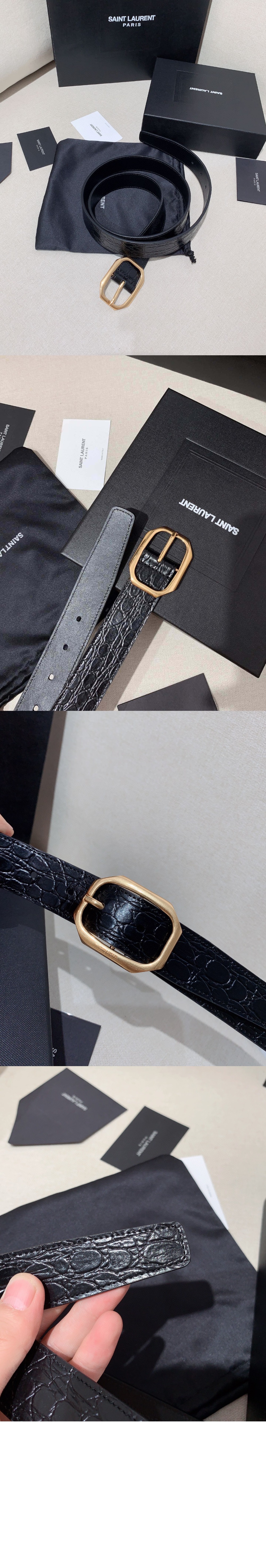 크로커다일 엠보스드 가죽 소재의 프레임 버클 슬림 벨트 732560 > 생로랑