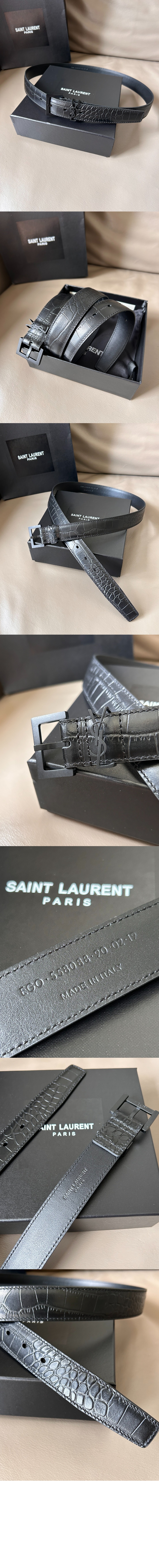 스퀘어 버클을 장식한 유광 크로커다일 엠보스드 가죽 소재의  벨트 634437 > 생로랑