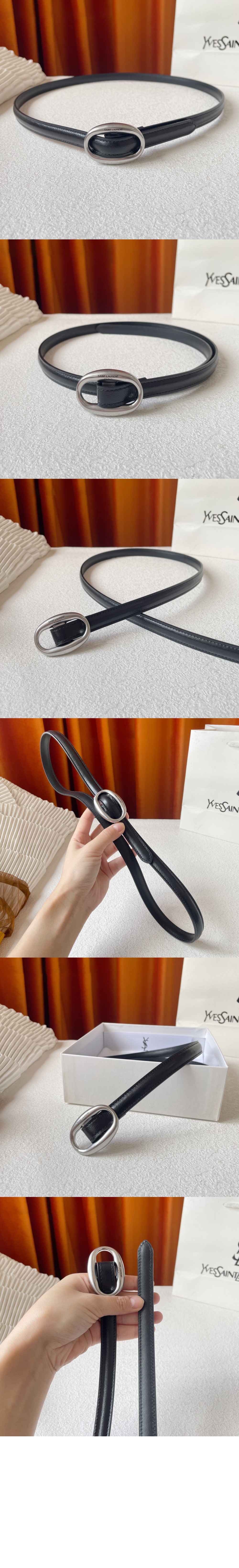 부드러운 가죽 소재의 타원형 버클 슬림 벨트 756409 > 생로랑