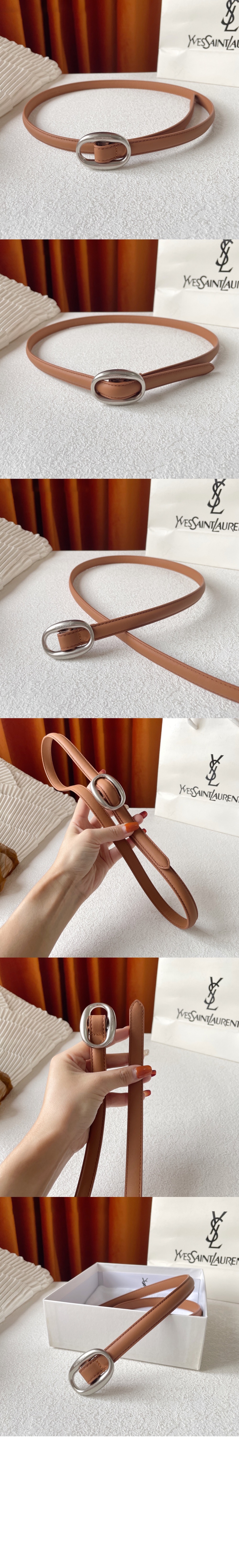 부드러운 가죽 소재의 타원형 버클 슬림 벨트 756409 > 생로랑
