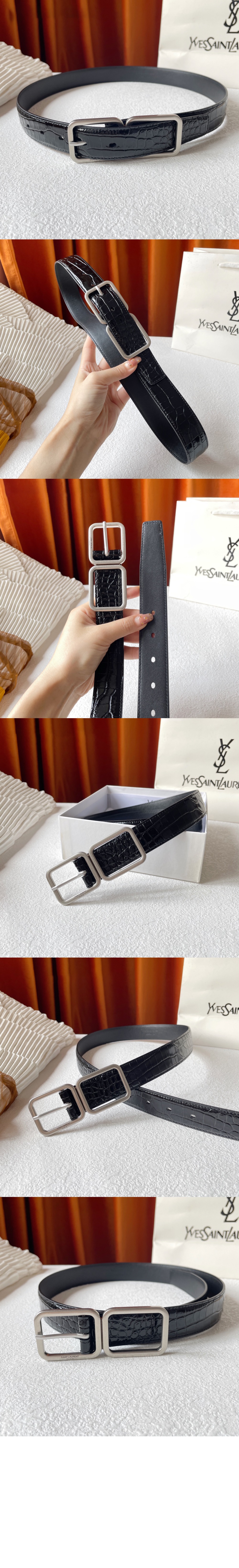 크로커다일 엠보스드 가죽 소재의 더블 버클 벨트  6698651 > 생로랑