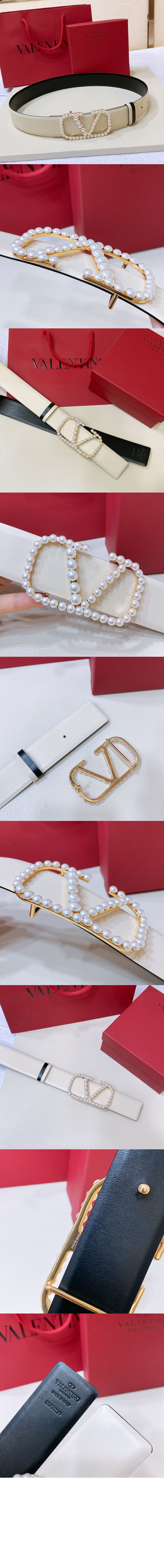 진주 광택이 있는 송아지 가죽 벨트 > 발렌티노