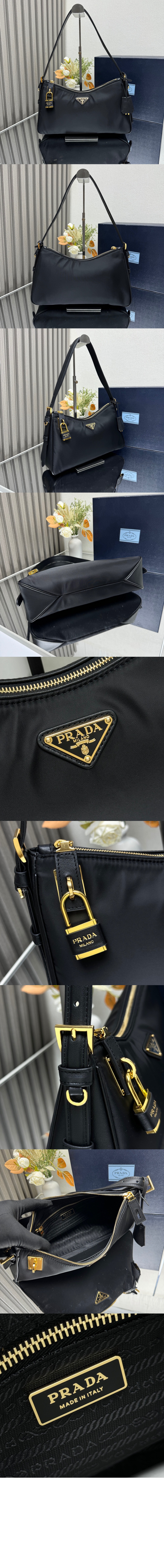 자물쇠가 있는 프라다 에메 라지 리나일론 및 가죽 숄더백 1BC232 > Re-Nylon - 리나일론