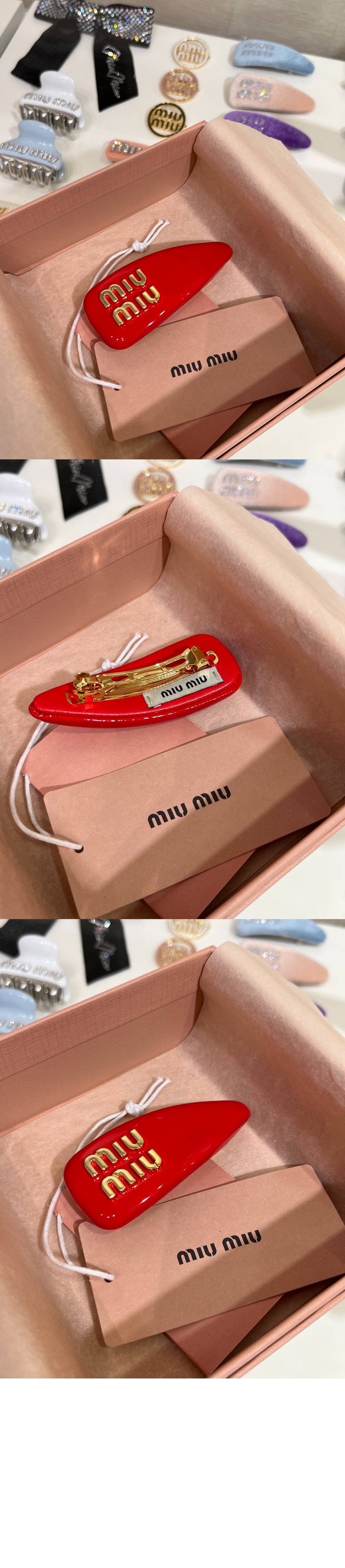 페이턴트 가죽 헤어 클립 5IF092 > 미우미우