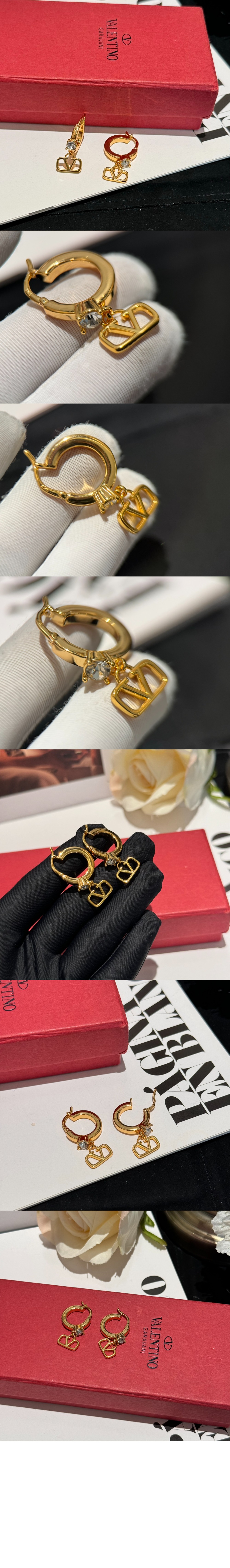 크리스털 장식 미니 브이로고 시그니처 메탈 이어링 > 발렌티노