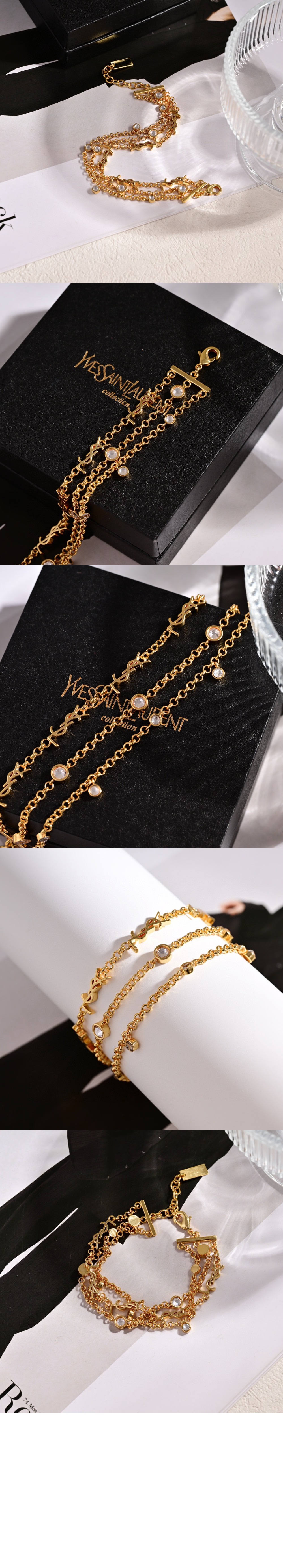 생로랑 메탈 및 크리스탈 소재의 CASSANDRE 멀티 체인 브레이슬릿 770495 > 생로랑