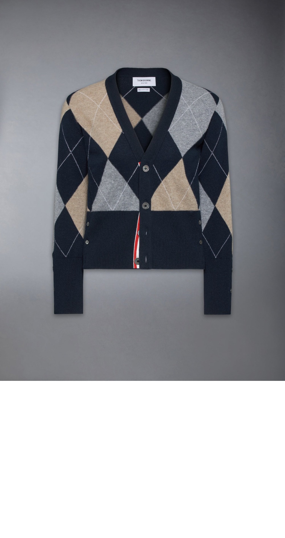 아가일 인타르시아 캐시미어 브이넥 카디건 > 톰브라운