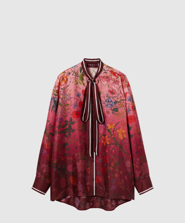 목 리본 프린트 실크 셔츠