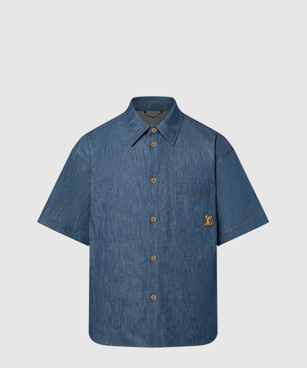 쇼트 슬리브드 코튼 샴브레이 셔츠